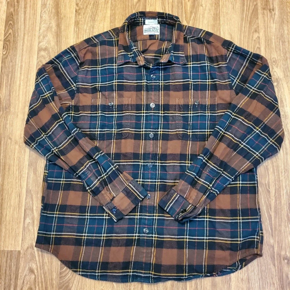 J. Crew Flannel Shirt Men XL Brown Midweight Regenerative Cotton Classic‎ Work
